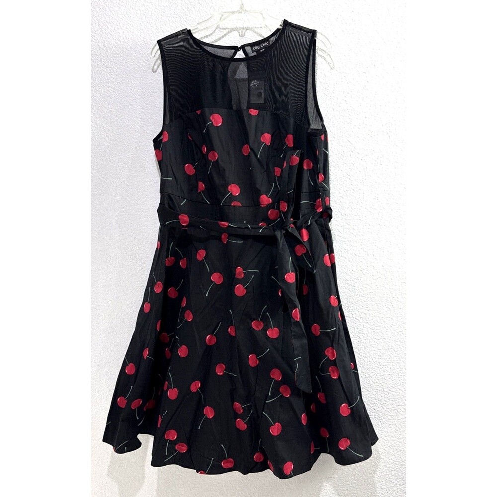 City Chic Cherry Print Black Fit and Flare Tie Waist Mesh Detail Black Dress 18